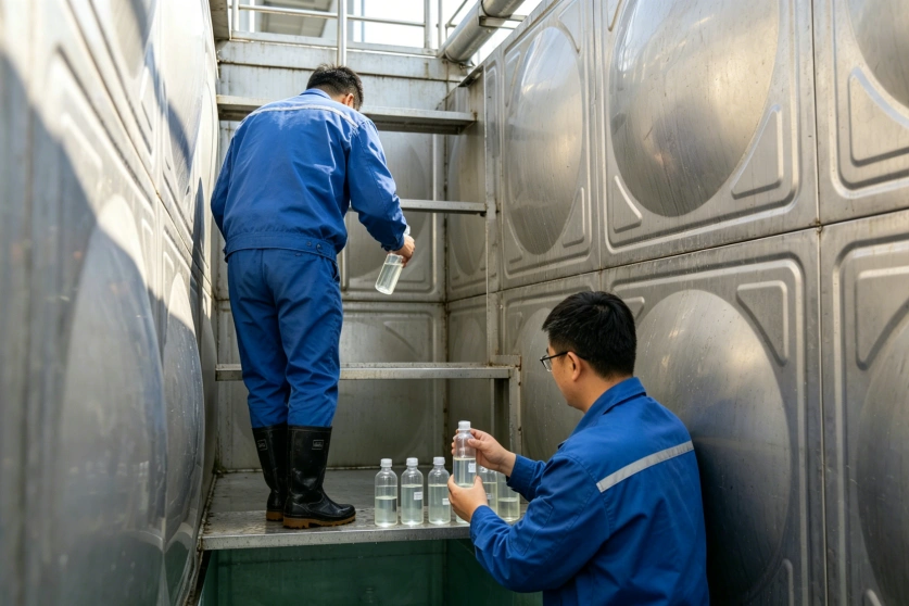 工作人员在水箱不同位置采集水样，为水质检测提供标准样本