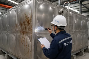 技术人员检查304不锈钢水箱表面锈斑