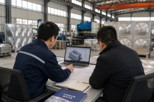 清之一工程师与客户沟通不锈钢水箱定制方案