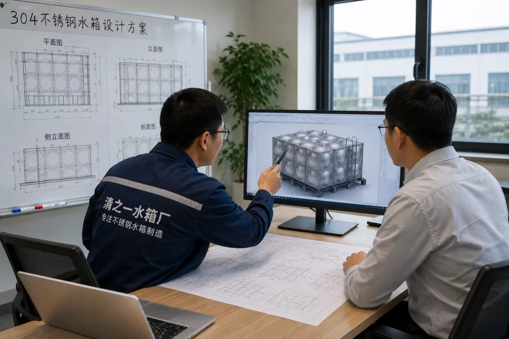 工程师为客户设计304不锈钢水箱方案