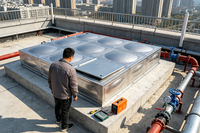楼顶屋面低矮型消防不锈钢水箱验收，施工人员核查箱体板材规格、基础沉降和楼面荷载情况